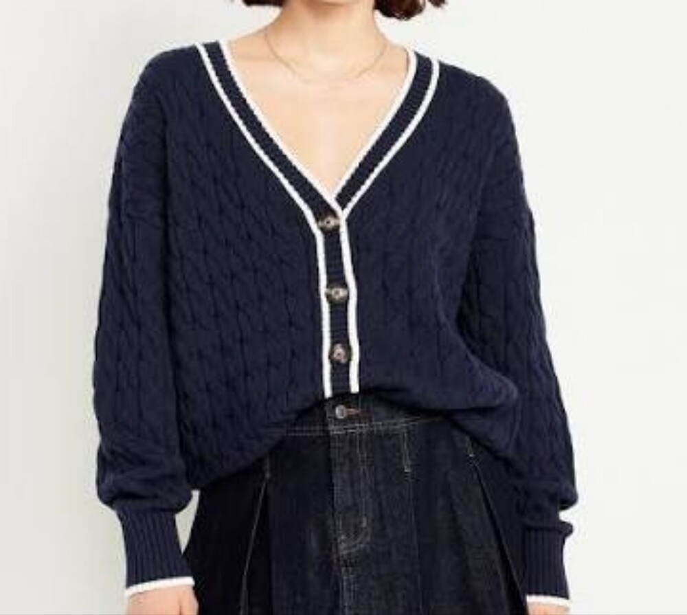 Old Navy V-Neck Cable Knit Cardigan Navy with White Trim